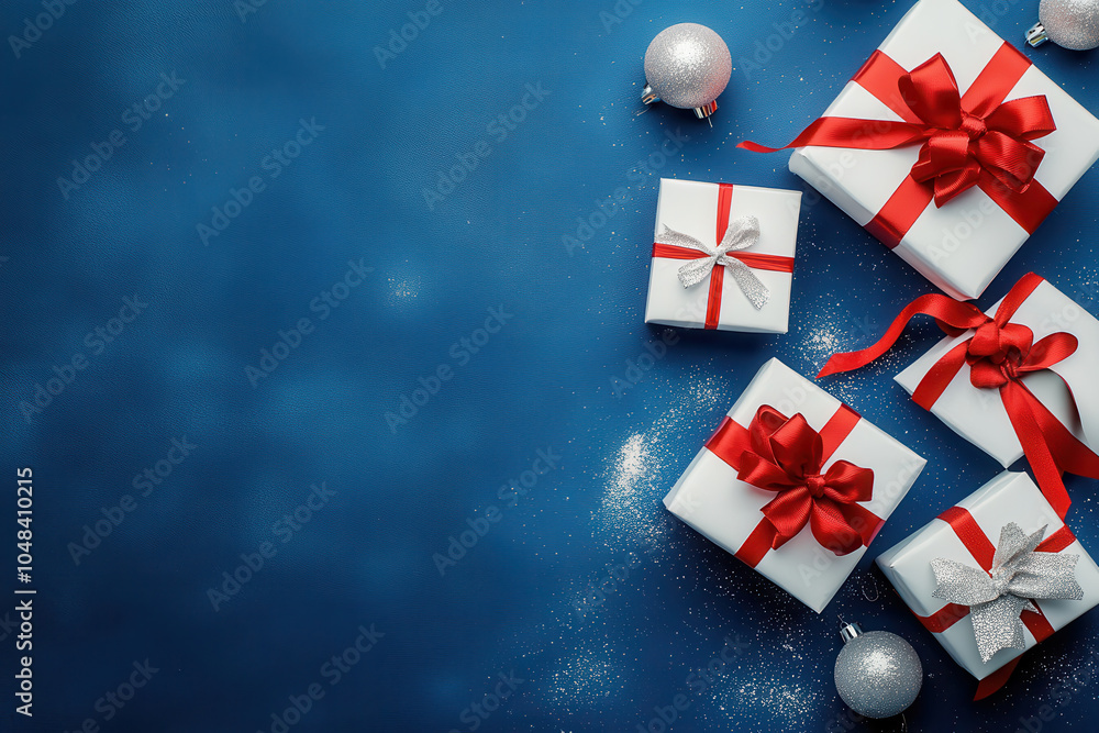 Festive white gift boxes with red and silver ribbons are arranged on blue background, creating cheerful holiday atmosphere. scene is enhanced by sparkling decorations Festive white gift boxes with red and silver ribbons are arranged on blue background, creating cheerful holiday atmosphere. scene is enhanced by sparkling decorations