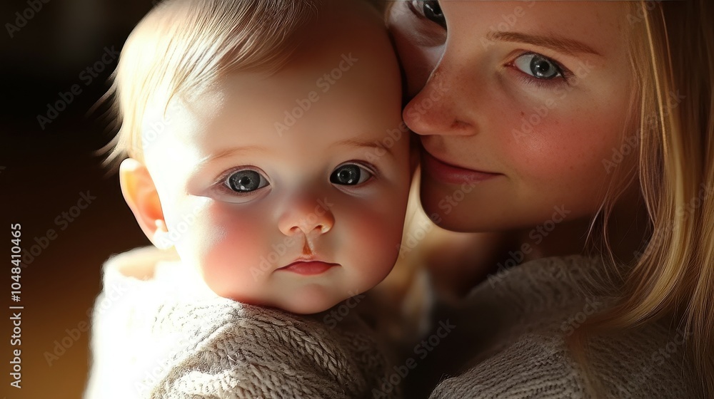 The mother holds her baby close, their faces illuminated by soft, warm sunlight. This intimate moment highlights the bond between them, showcasing pure affection in a serene environment The mother holds her baby close, their faces illuminated by soft, warm sunlight. This intimate moment highlights the bond between them, showcasing pure affection in a serene environment