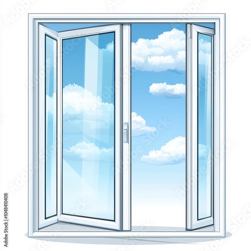 Stylish open window with a view of sky and clouds, white isolate background.