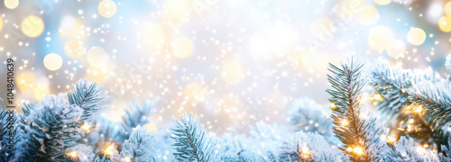 beautiful winter scene featuring snow covered evergreen branches adorned with soft glowing lights, creating magical holiday atmosphere. background is filled with sparkling bokeh, enhancing festive