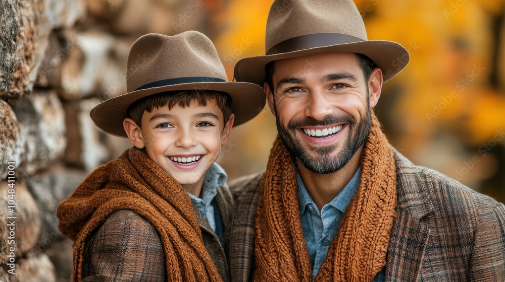 A man and a young boy, both wearing stylish hats and warm scarves, smile widely as they embrace in a vibrant autumn landscape filled with orange and yellow leaves A man and a young boy, both wearing stylish hats and warm scarves, smile widely as they embrace in a vibrant autumn landscape filled with orange and yellow leaves