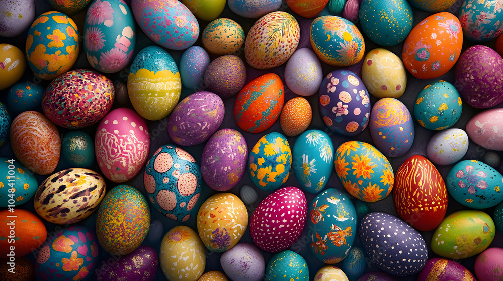 Fototapeta premium Seamless Easter pattern featuring colorful eggs and floral elements, perfect for spring-themed decor and textile designs