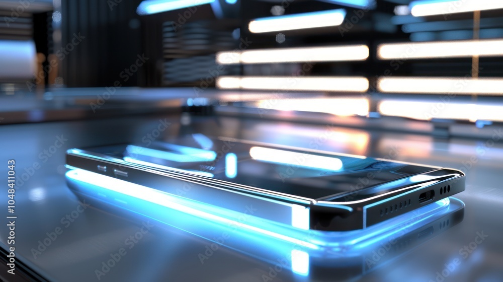A Modern Smartphone with a Blue Light Glow on a Reflective Surface A Modern Smartphone with a Blue Light Glow on a Reflective Surface
