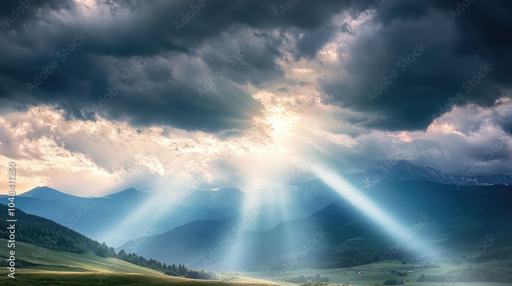 A dramatic cloudy sky with beams of sunlight breaking through, casting rays over the rugged peaks of distant mountains