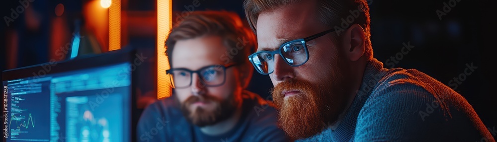 Two focused men working on computer programming in a dimly lit office. Two focused men working on computer programming in a dimly lit office.