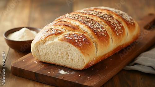 Freshly Baked Rustic Artisan Bread on Wooden Board with Flour Bowl, Warm Natural Lighting, Perfect for Culinary and Bakery Themes