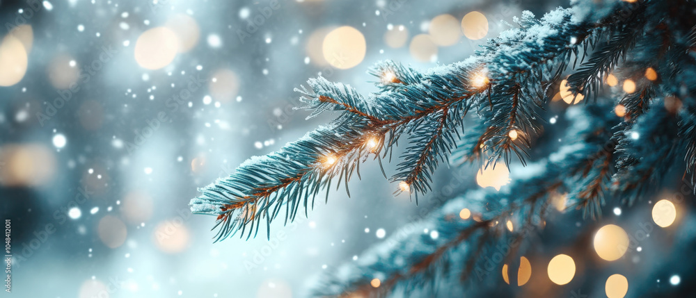 snowy winter scene featuring close up of pine branch adorned with soft glowing lights, creating magical and festive atmosphere snowy winter scene featuring close up of pine branch adorned with soft glowing lights, creating magical and festive atmosphere