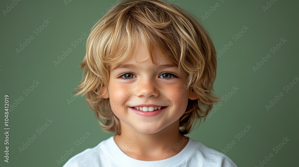 A cheerful young boy with wavy blonde hair and a bright smile stands in front of a softly colored green backdrop, radiating happiness and innocence in a playful indoor setting A cheerful young boy with wavy blonde hair and a bright smile stands in front of a softly colored green backdrop, radiating happiness and innocence in a playful indoor setting
