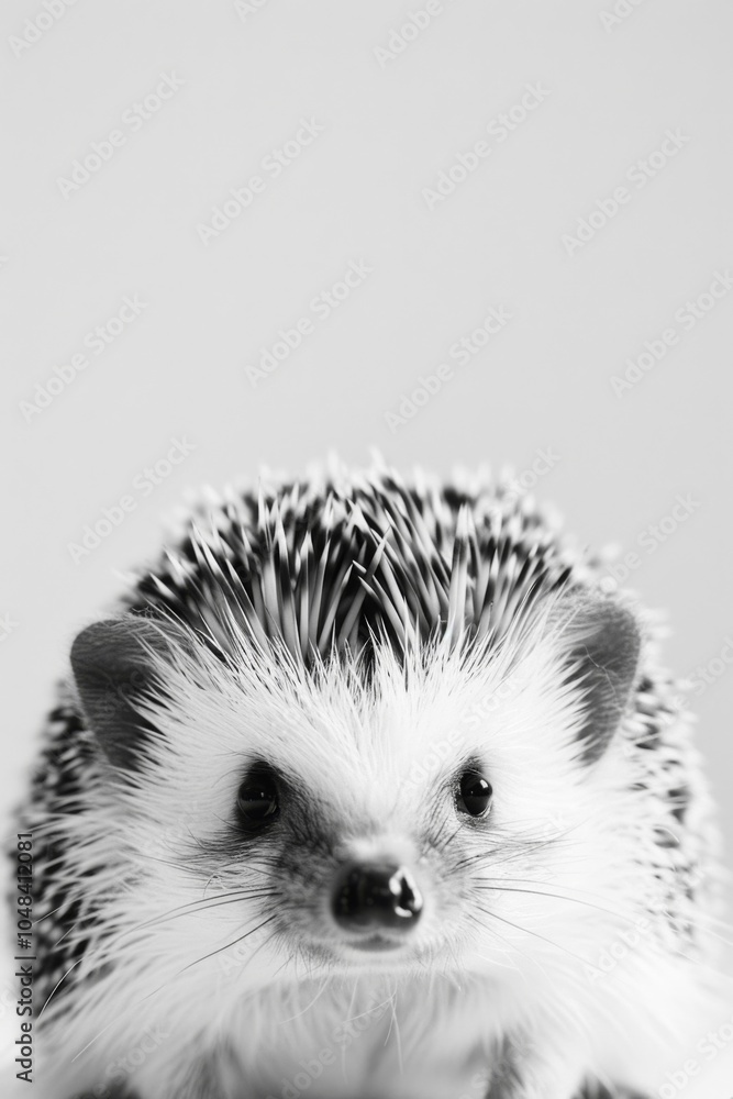 Adorable Close-Up of a Hedgehog Against a Minimalistic White Background, Showcasing Its Unique Spines and Expressive Features in Black and White Adorable Close-Up of a Hedgehog Against a Minimalistic White Background, Showcasing Its Unique Spines and Expressive Features in Black and White