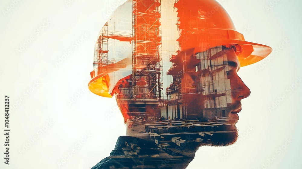 Double exposure of a construction worker with a building in the background. Double exposure of a construction worker with a building in the background.