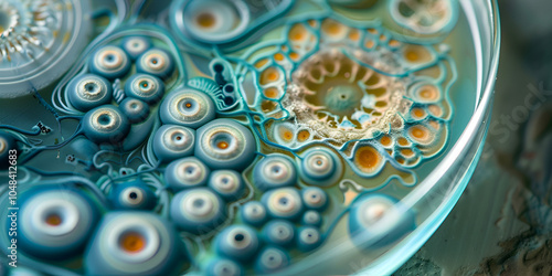 Abstract Patterns of Cellular Growth in Petri Dish, Close-Up of Microbial Growth in Laboratory Petri Dish