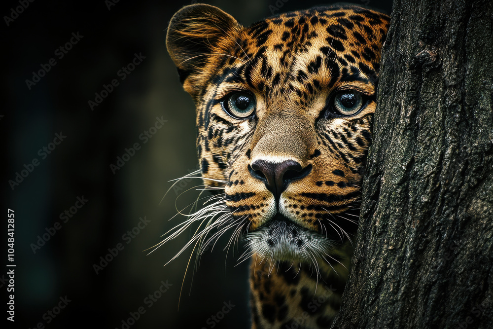 Fototapeta premium Majestic leopard peering from behind tree, showcasing its striking fur and intense gaze. image captures beauty and mystery of this wild feline in its natural habitat