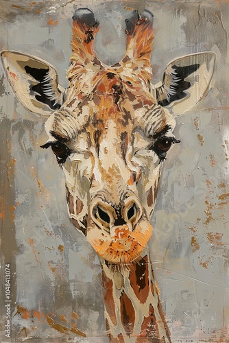 Artistic close-up portrait of a giraffe with vibrant colors and textured brush strokes, showcasing its unique features and gentle expression. photo