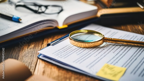 A magnifying glass sits on a document with a sticky note next to it. There is a notebook and a pen in the background.