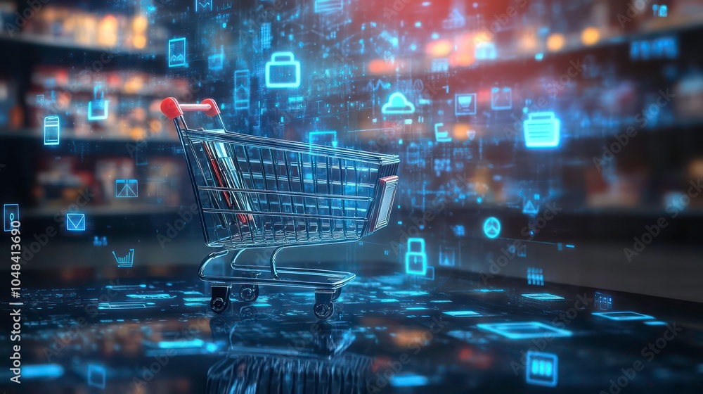 A shopping cart with digital icons floating above it against a blurry background, representing online shopping. A shopping cart with digital icons floating above it against a blurry background, representing online shopping.