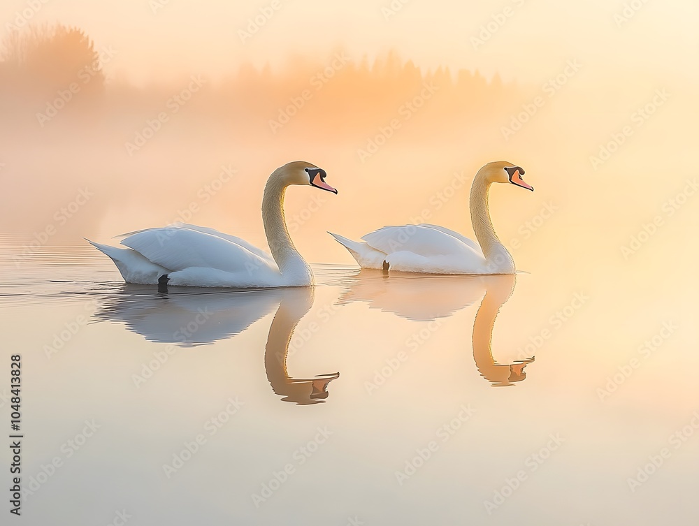 Fototapeta premium Two swans glide through a misty lake.