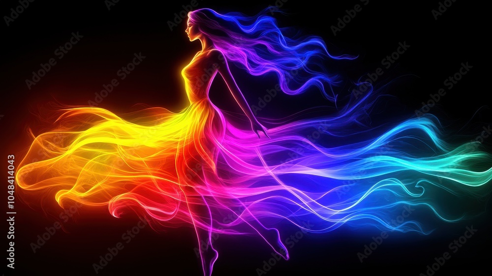 A silhouette of a vibrant, flowing figure in colorful light trails, exuding movement and energy against a dark background. A silhouette of a vibrant, flowing figure in colorful light trails, exuding movement and energy against a dark background.