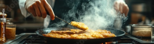 Cook flipping latkes with a spatula over a hot skillet photo