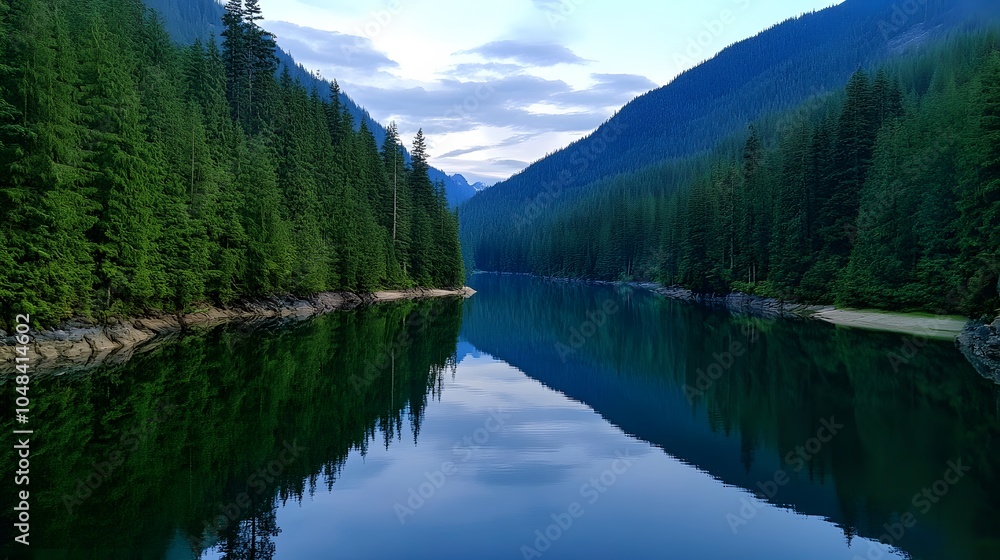 Tranquil lake surrounded by lush evergreens Tranquil lake surrounded by lush evergreens