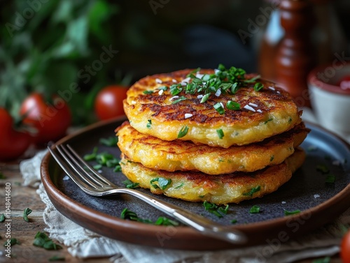 Latkes plated with a fork beside, ready to eat. Rustic wooden background, warm tones. Inviting atmosphere, Hanukkah-themed setup, copy space. photo