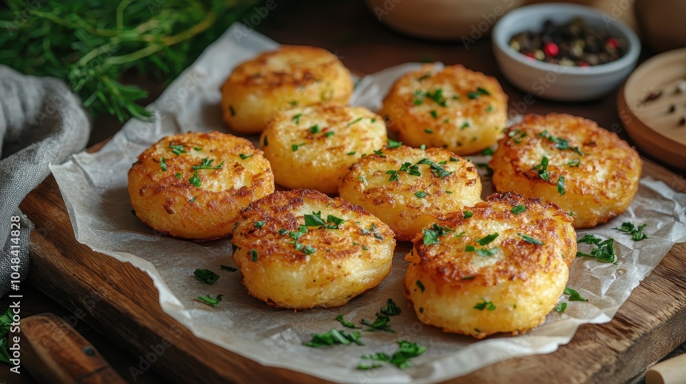 Freshly made latkes on parchment paper, cooling. Overhead shot, rustic wooden table. Home-cooked vibe, Hanukkah theme, warm lighting, copy space. Freshly made latkes on parchment paper, cooling. Overhead shot, rustic wooden table. Home-cooked vibe, Hanukkah theme, warm lighting, copy space.