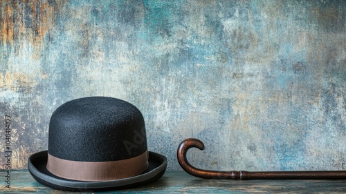 Classic round hat and walking cane on textured surface photo