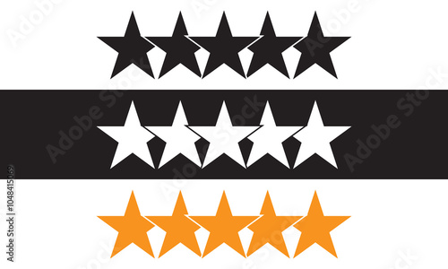 Five stars customer product review icon. yellow, white and black 5 star rating feedback for website, app, UI design. isolated on white and black background. Vector illustration. EPS 10