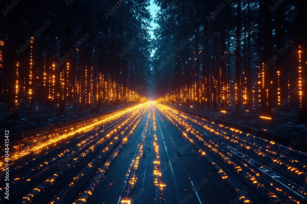 A mesmerizing forest scene with glowing light trails, evoking a sense of magic and depth amid towering trees. A mesmerizing forest scene with glowing light trails, evoking a sense of magic and depth amid towering trees.