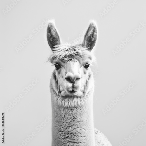 Close-up of a majestic llamas face in black and white, showcasing its expressive eyes and unique wool texture against a minimalist background.