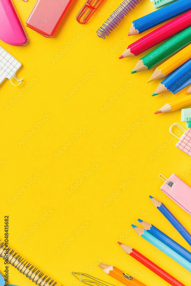 Fototapeta premium Bright and colorful stationery items arranged on vibrant yellow background create cheerful and inviting workspace. Perfect for school or office use