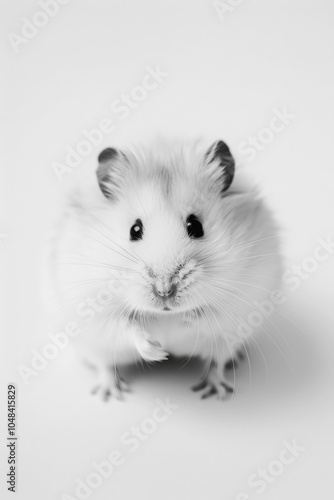 Close-up of an adorable white hamster sitting against a minimalist backdrop, showcasing its fluffy fur and expressive eyes for pet lovers and animal enthusiasts.