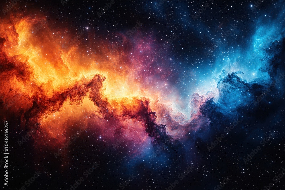 Fototapeta premium A vibrant cosmic nebula with swirling colors of orange, blue, and purple against a starry night sky.