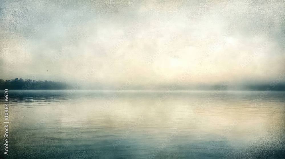 A foggy sky over a lake with the horizon fading into the mist, and the still water reflecting the soft, muted tones above A foggy sky over a lake with the horizon fading into the mist, and the still water reflecting the soft, muted tones above