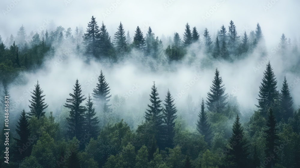 A foggy sky rolling over a forested landscape, with tall trees barely emerging from the mist, creating a mysterious ambiance A foggy sky rolling over a forested landscape, with tall trees barely emerging from the mist, creating a mysterious ambiance