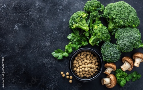 Spermidine Supplement: Dark bottle with spermidine tablets, arranged next to fresh broccoli, wheat germ, and mushrooms, for cellular renewal and longevity support 