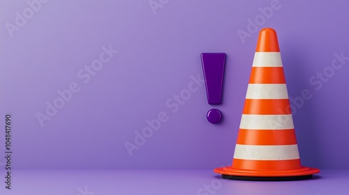 Traffic cone on a purple background with an exclamation mark, symbolizing caution and alertness in construction zones.