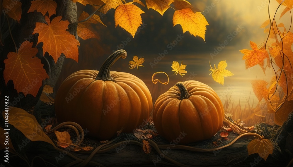 Naklejka premium Pumpkins and Autumn Leaves Basking in Warm Sunlight