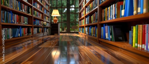 Wallpaper Mural Cozy library corner, wooden shelves lined with colorful books, warm lamp glow, inviting space for reading, peaceful ambiance Torontodigital.ca