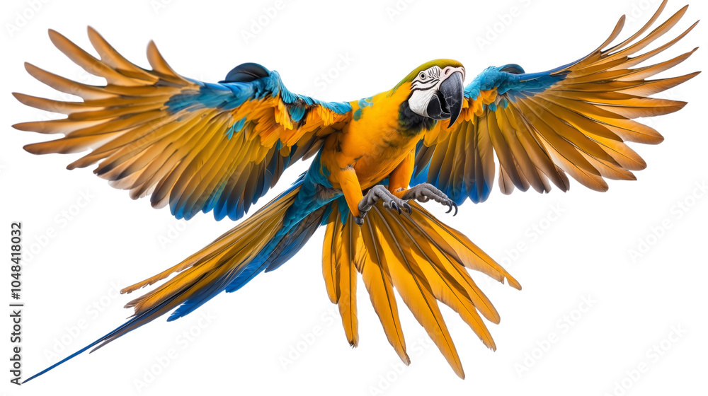 Fototapeta premium Vibrant macaw in flight showcasing colorful plumage on a transparent background
