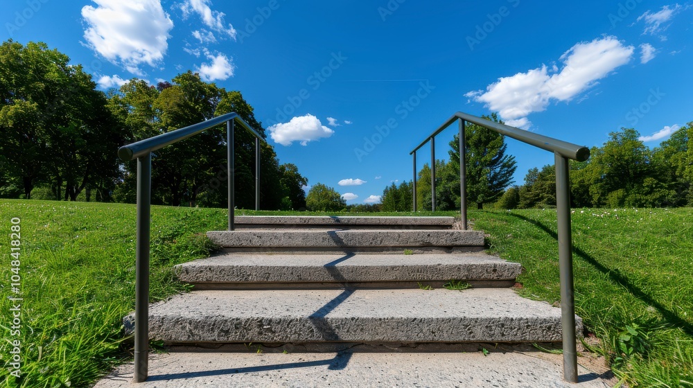 Sunny park path stairs, lush greenery, clear blue sky with fluffy clouds, tranquil outdoor setting. Sunny park path stairs, lush greenery, clear blue sky with fluffy clouds, tranquil outdoor setting.