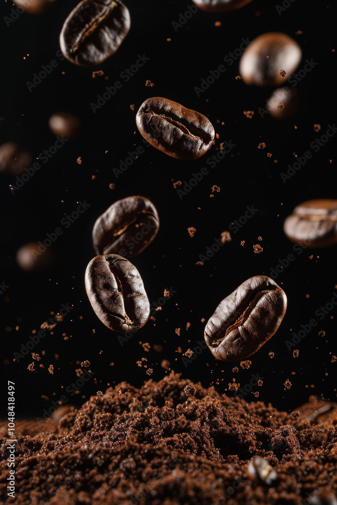 Dynamic Close-Up of Coffee Beans Falling Above Freshly Ground Coffee with Dark Background, Capturing the Essence of Coffee Brewing and Aroma. Dynamic Close-Up of Coffee Beans Falling Above Freshly Ground Coffee with Dark Background, Capturing the Essence of Coffee Brewing and Aroma.