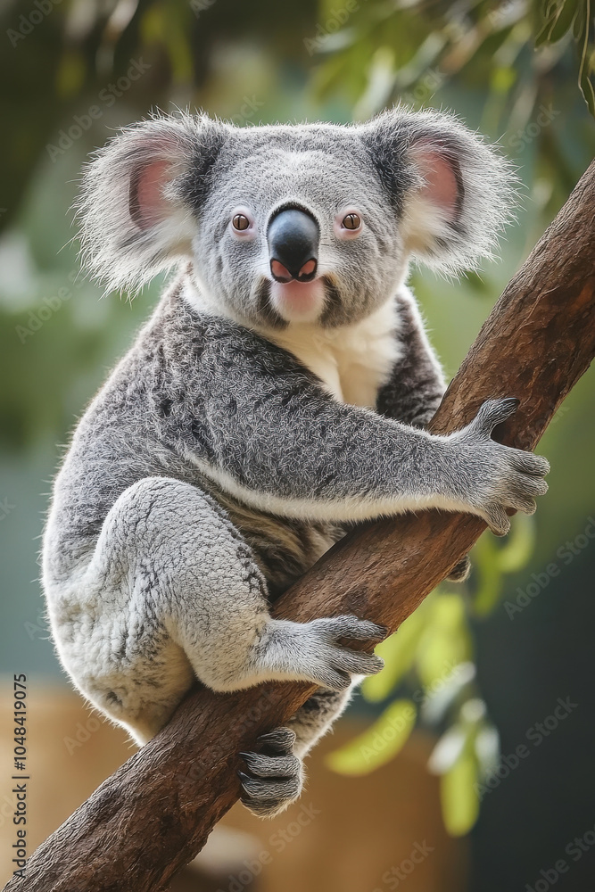Fototapeta premium cute koala clings to tree branch, showcasing its fluffy gray fur and large ears. playful expression adds sense of joy to this adorable marsupial in its natural habitat