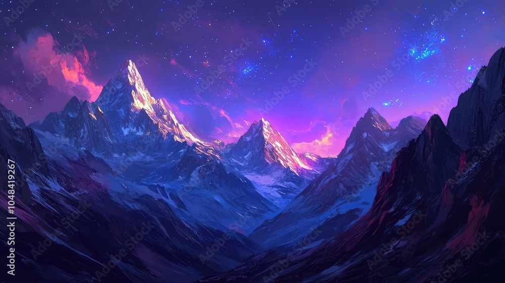 A glowing twilight sky with deep blue and purple hues above towering mountain ranges, as the day fades into night A glowing twilight sky with deep blue and purple hues above towering mountain ranges, as the day fades into night