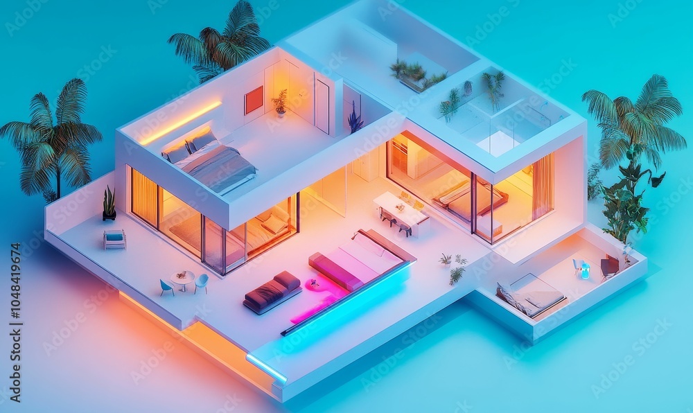 Modern house with palm trees and neon lights. Modern house with palm trees and neon lights.