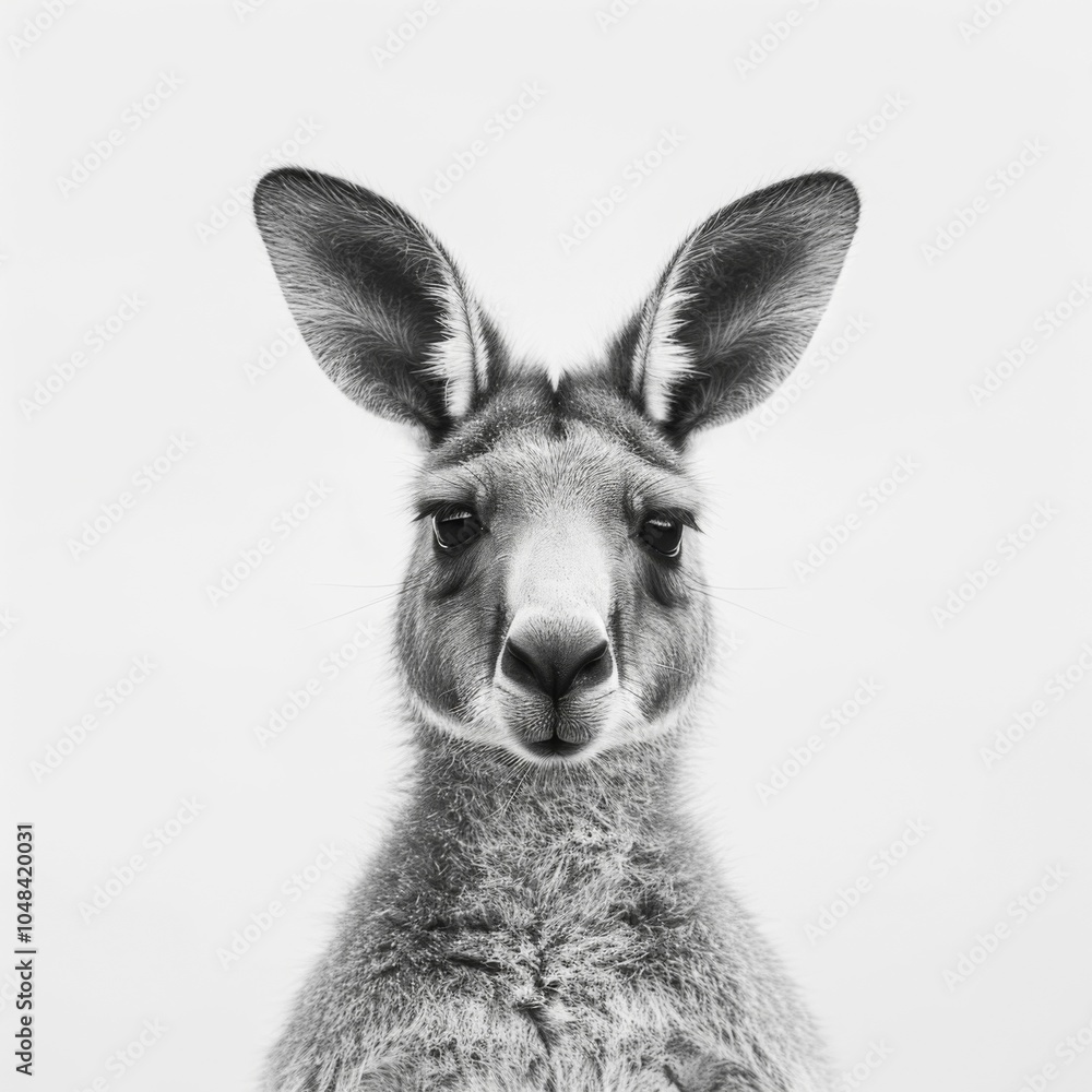Fototapeta premium Close-up Portrait of a Curious Kangaroo Against a Minimalist White Background, Capturing Its Unique Expression and Soft Fur Texture