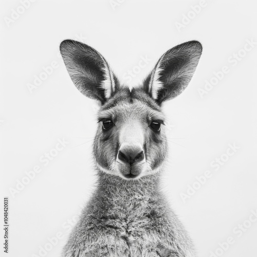 Close-up Portrait of a Curious Kangaroo Against a Minimalist White Background, Capturing Its Unique Expression and Soft Fur Texture