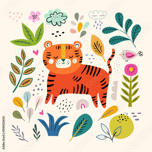 Baby Tiger. Hand drawn design for textile, posters, cards. Baby animals pattern. Fabric baby design. Vector illustration with cute tiger. Nursery baby illustration