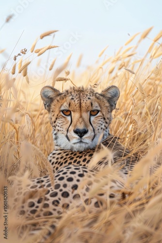 Majestic Cheetah Resting in Golden Grasslands Under Clear Blue Sky, Capturing the Essence of African Wildlife and Natural Beauty.