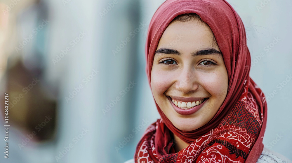 Close-up portrait of beautiful smiling Asian woman wearing hijab Close-up portrait of beautiful smiling Asian woman wearing hijab