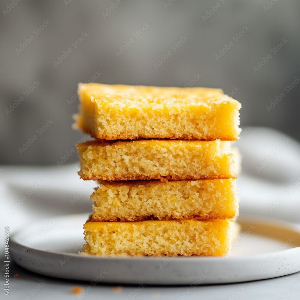 Stack of homemade cornbread squares on plate Stack of homemade cornbread squares on plate